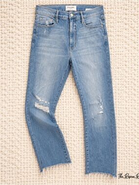 FRAME Le Sylvie Slender Straight Jeans Size 30 Light Blue Distressed Raw Hem